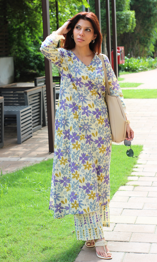 Cotton Beige & Purple Floral Haze Printed High low Kurta & Pant