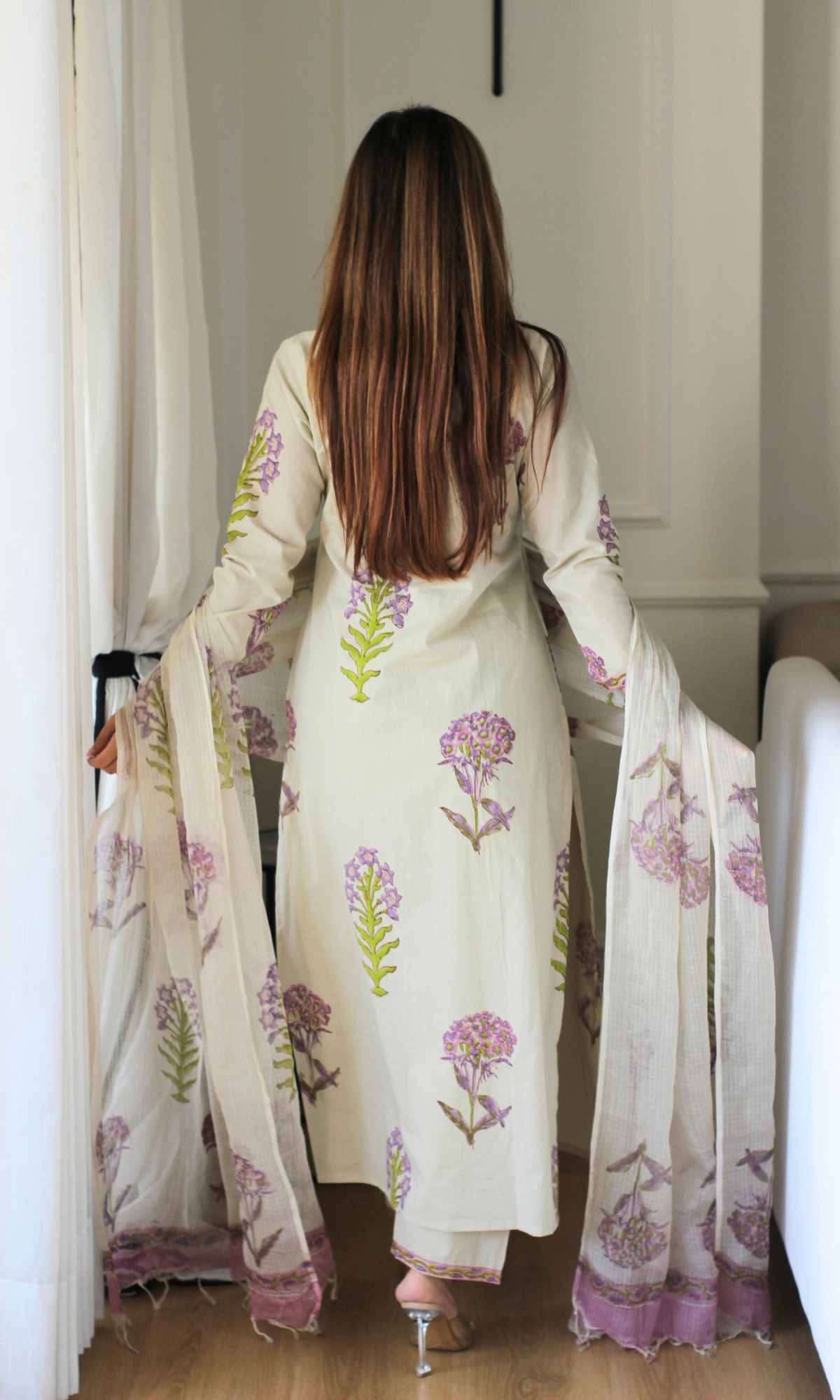 Saira Lavender & Green Mughal Kurta, Pants & Kota Doria Handblock Dupatta