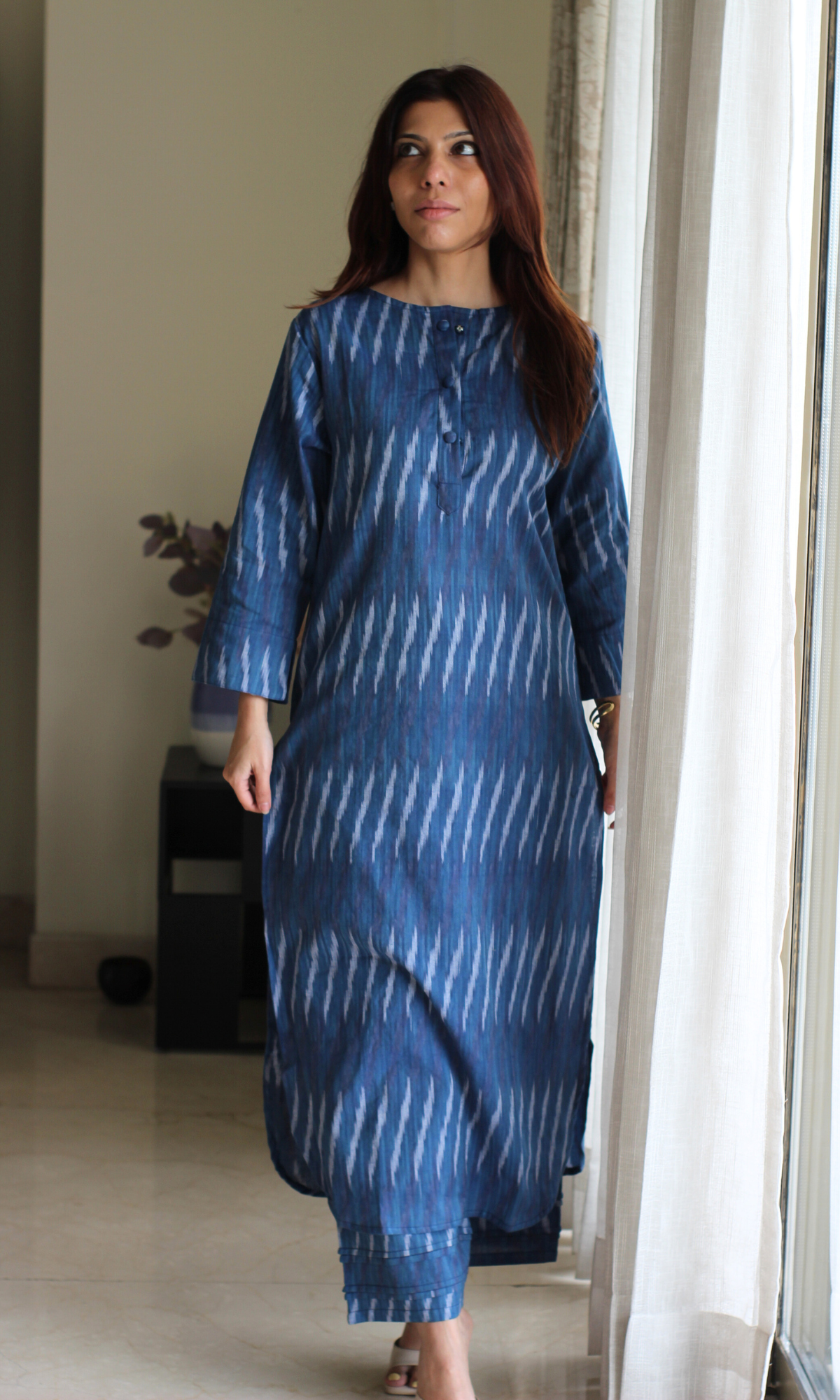 Sapphire Lines Ikat Buttoned Kurta with Pintuck Pleated Pants