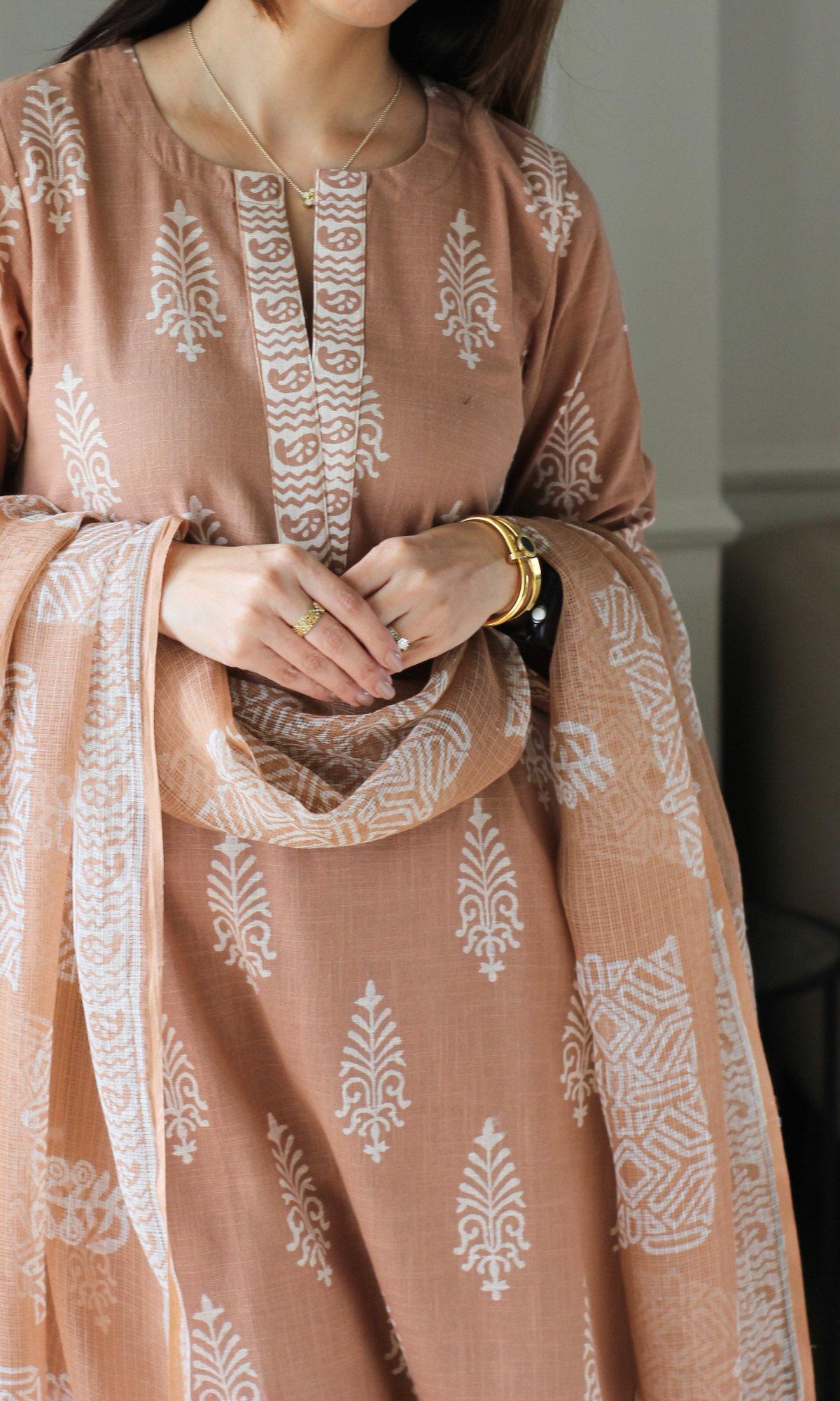 Mocha Haze Cotton Slub Handblock Printed Kurta, Pant & Kota Doria Printed Dupatta