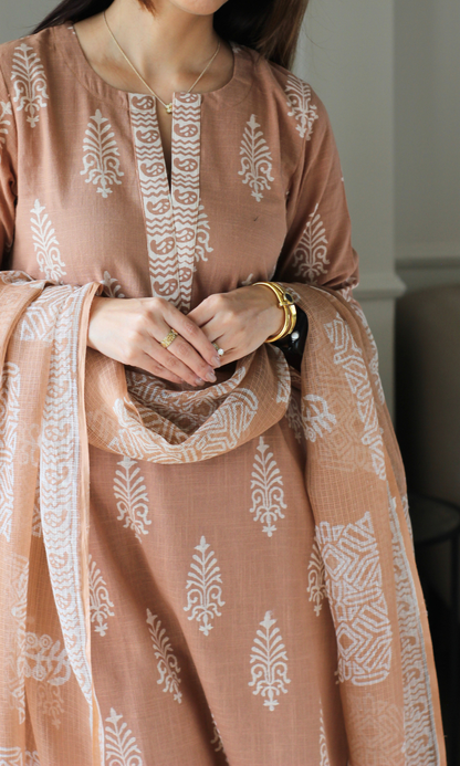 Mocha Haze Cotton Slub Handblock Printed Kurta, Pant & Kota Doria Printed Dupatta