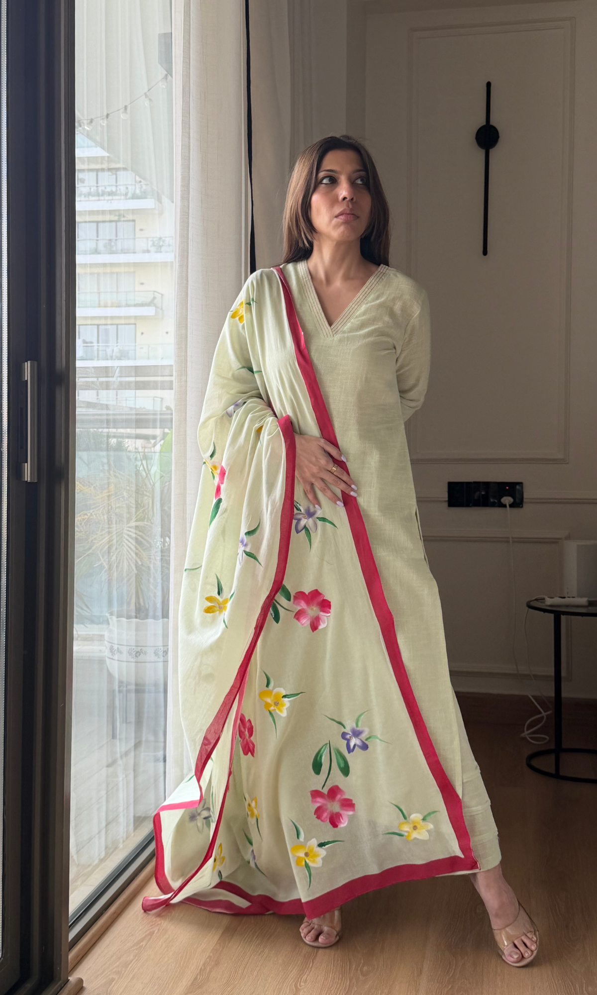 Lime Green Slub Black Laced Kurta, Pant & Mul Handpainted Dupatta