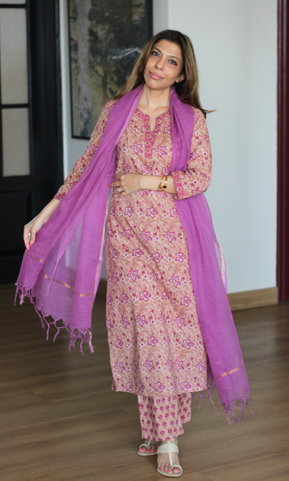Berry Mauve Floral Print Kurta, Pant & Kota Doria Dupatta