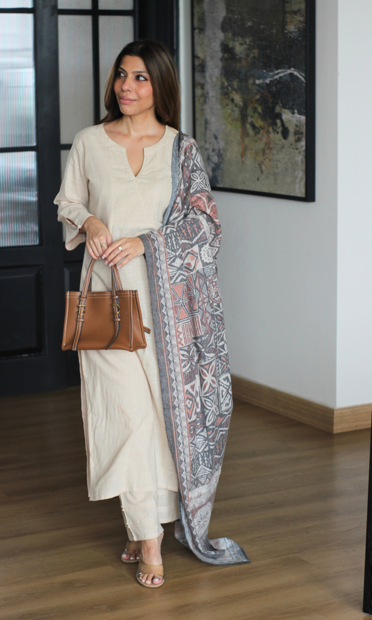 Saaz Beige Slub Kurta, Pants with Pintex, Printed Dupatta