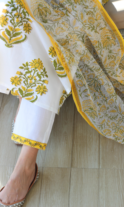 White & Yellow Handblock  Mughal Print Kurta , Kota Doria Dupatta & Cotton Pants