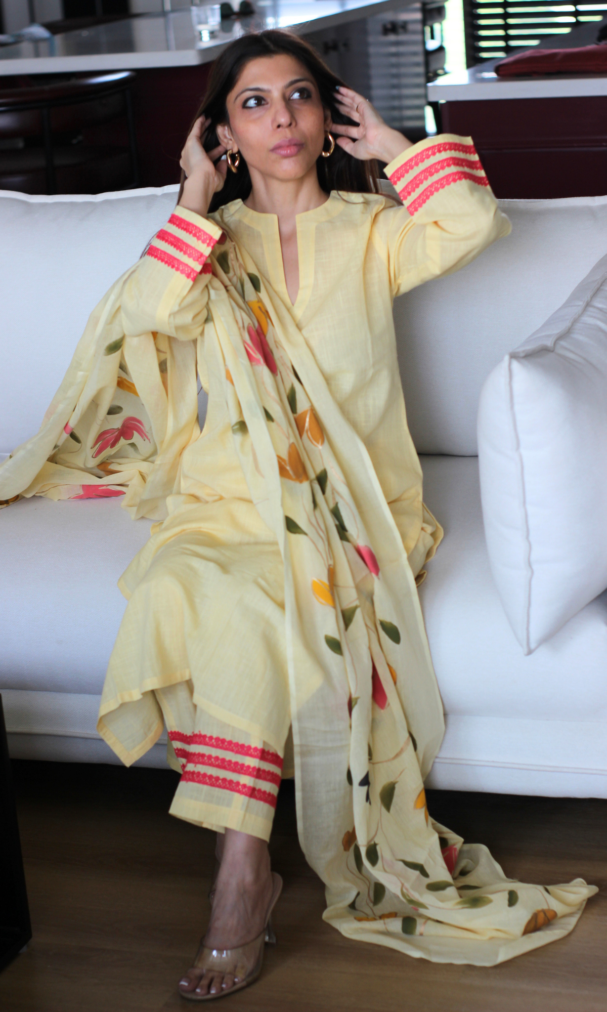 Pale Yellow Slub Kurta, Pant with Cotton Handpainted Dupatta