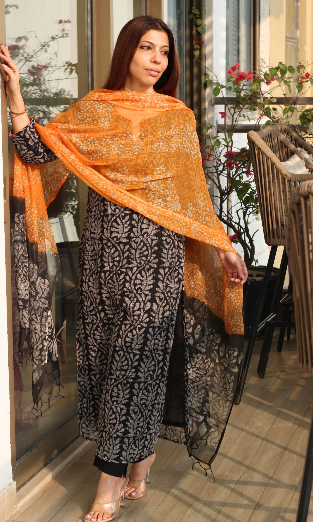 Kota Doria Black Batik Handblock Print Kurta, Dupatta & Cotton Pants