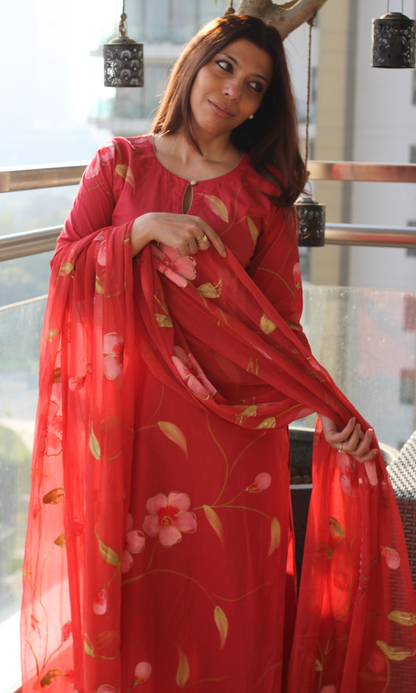 Cotton Coral Handbrush Painted Suit with Chiffon Handpainted Dupatta