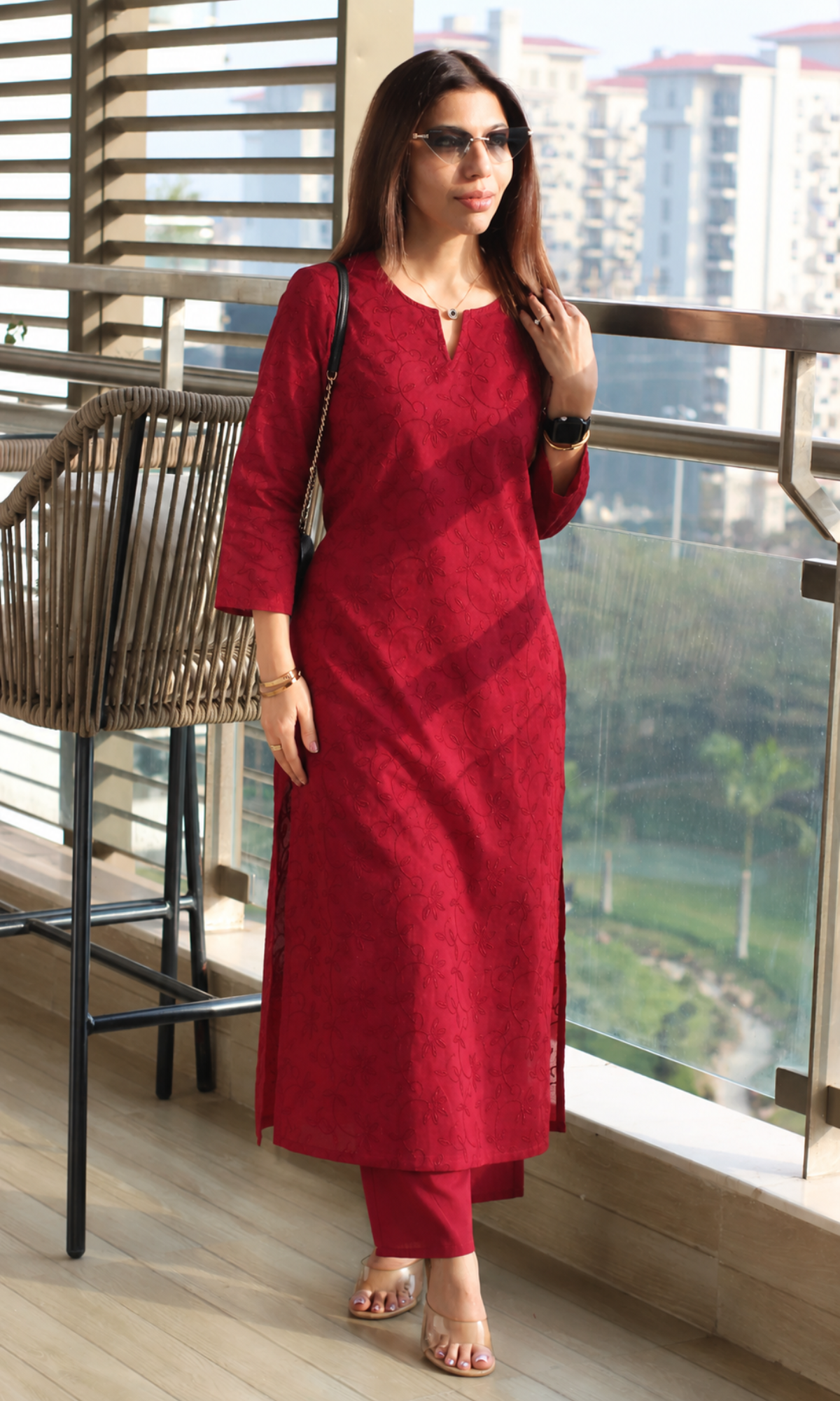 Red Overall Embroidered Kurta & Cotton Pants