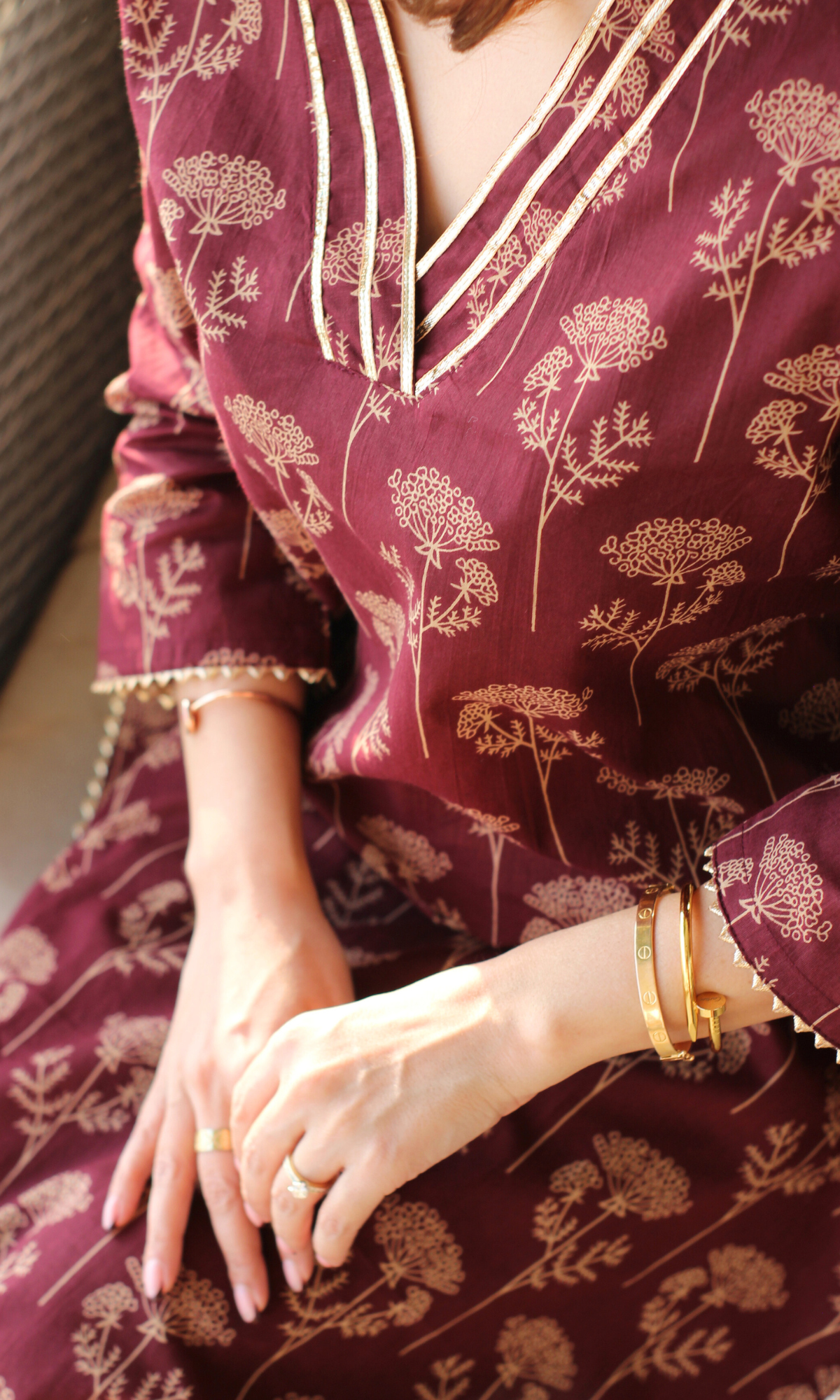 Cotton Wine & Gold Mughal Print Kurta & Pant