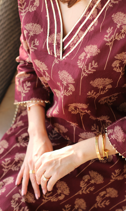 Cotton Wine & Gold Mughal Print Kurta & Pant