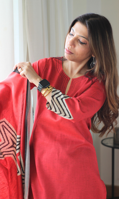 Cotton Silk Blend Red & Black Printed Kurta, Dupatta & Cotton Pants