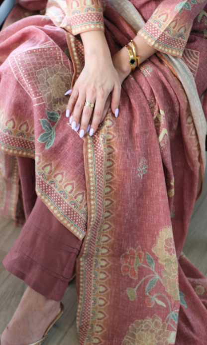 Rosewood Mauve Linen Blend Printed Kurta, Dupatta & Cotton Pants