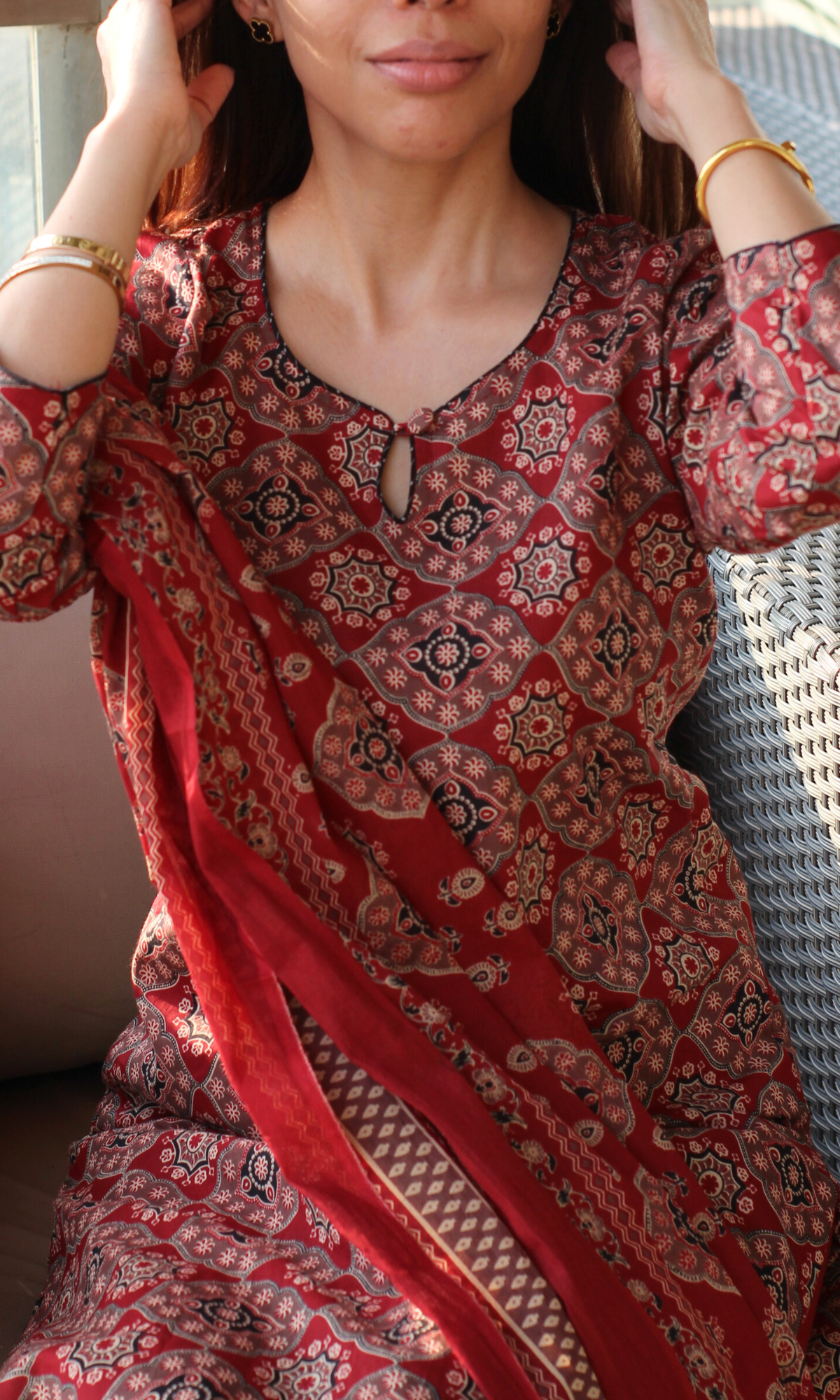 Red & Black Cotton Ajrakh Print Kurta, Dupatta & Pants