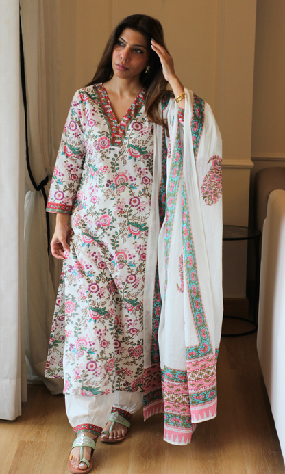 White Garden Block Print Kurta, Dupatta & Cotton Afgani Pants