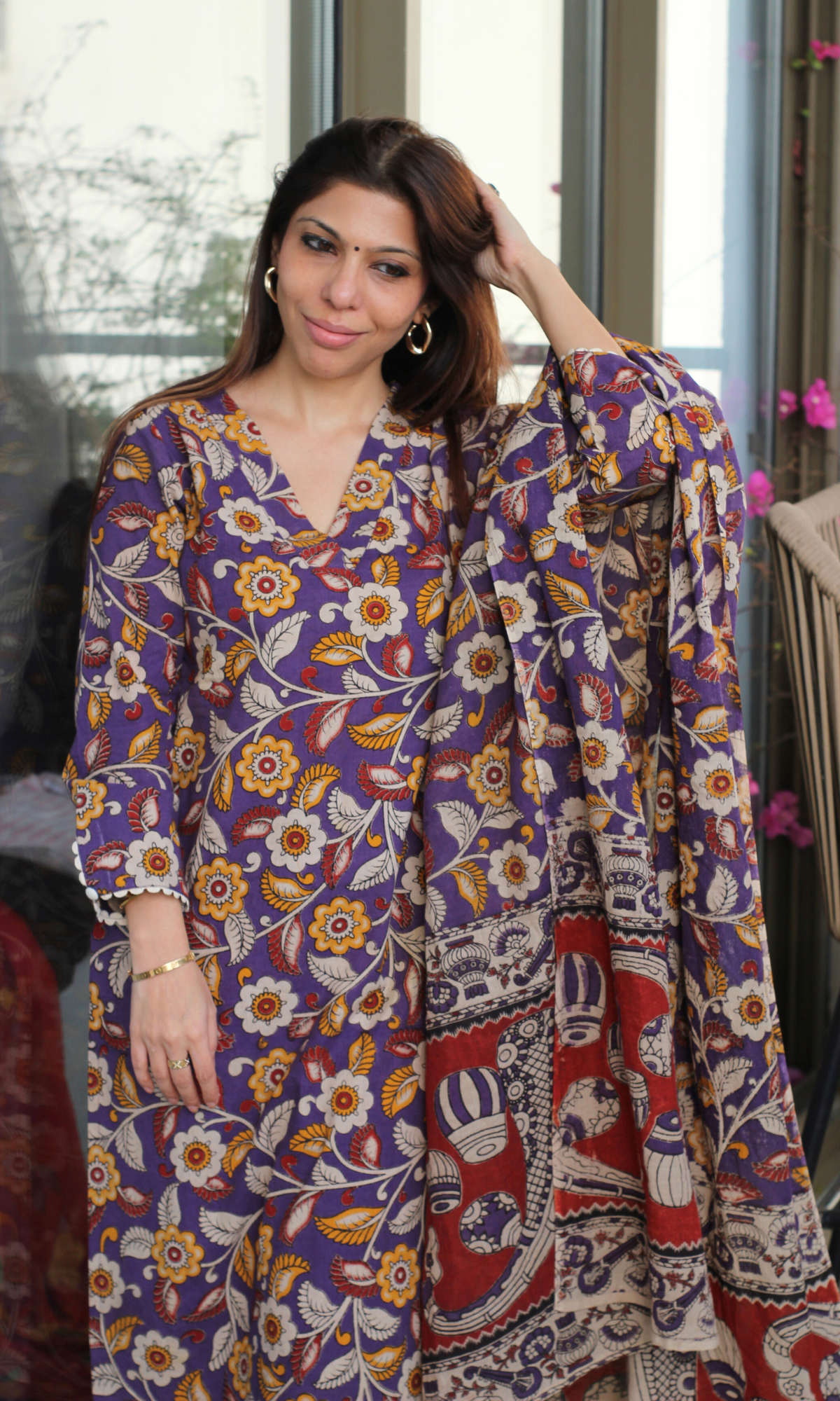 Deep Purple Handblock Kalamkari Kurta, Cotton Handblock Dupatta & Pants