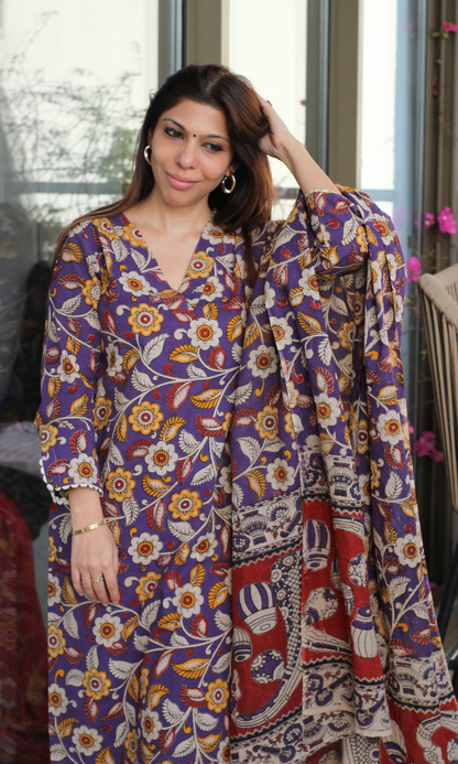 Deep Purple Handblock Kalamkari Kurta, Cotton Handblock Dupatta & Pants