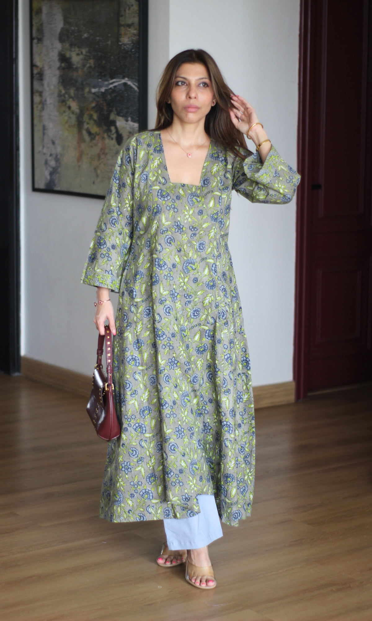 Olive Ash Vine Handblock Print High Low Kurta & Cotton Pants