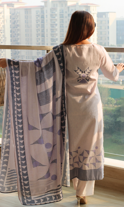 Linen Blend Dusty Lavender Abstract Print Kurta, Dupatta & Cotton Pants
