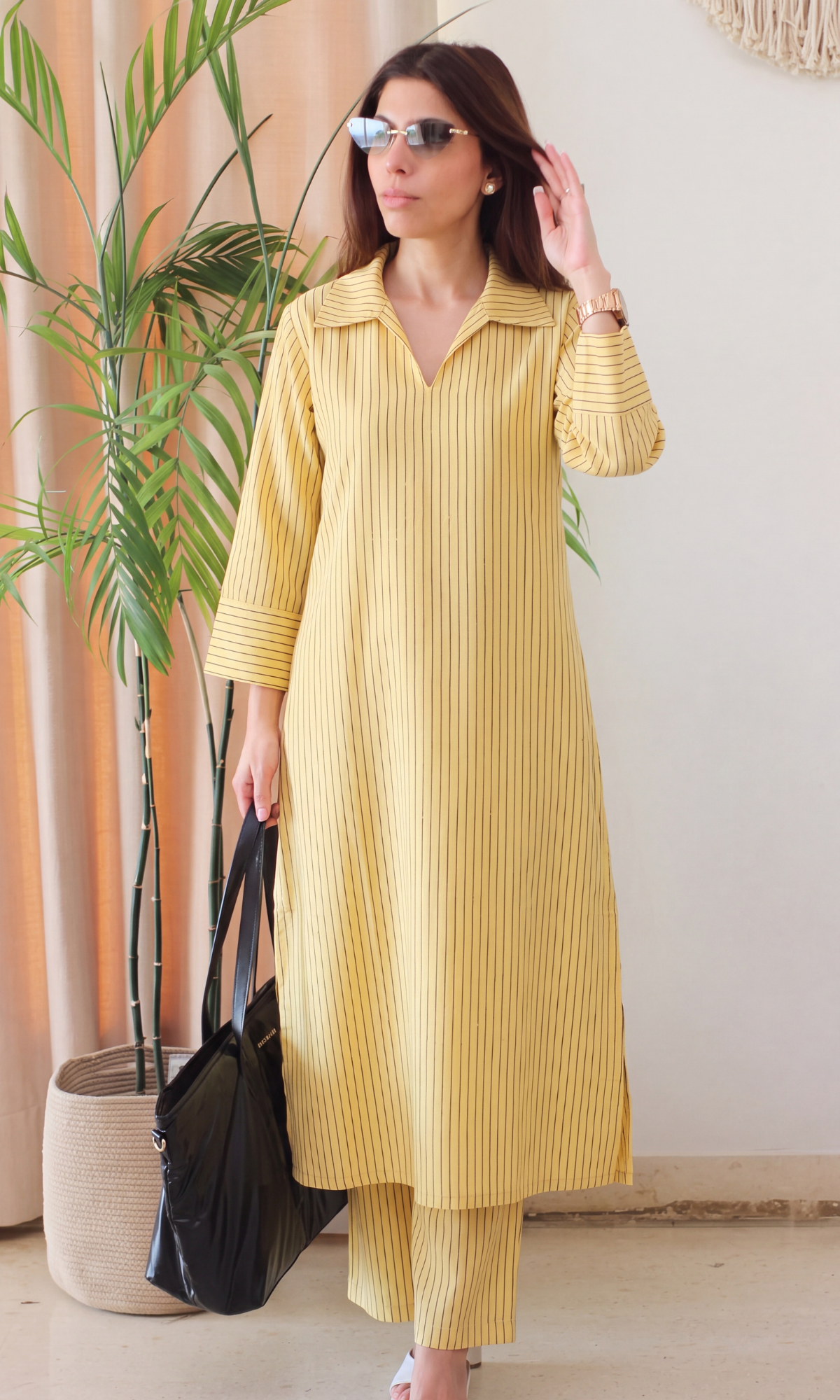 Lemon Cotton Ikat Striped Kurta & Pants
