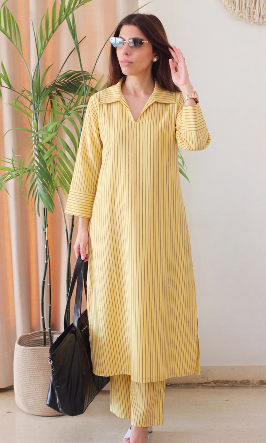 Lemon Cotton Ikat Striped Kurta & Pants