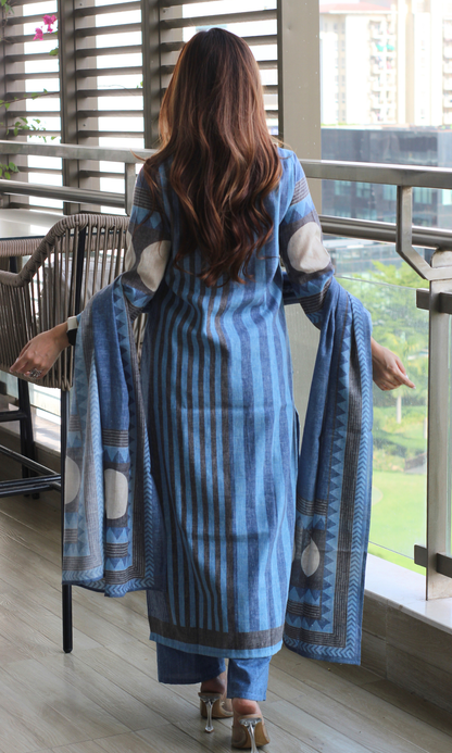 Linen Blend Denim Striped Print Kurta , Dupatta with Cotton Pants