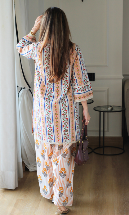 Peach Kinari Block Print Kurta with Farshi Salwaar