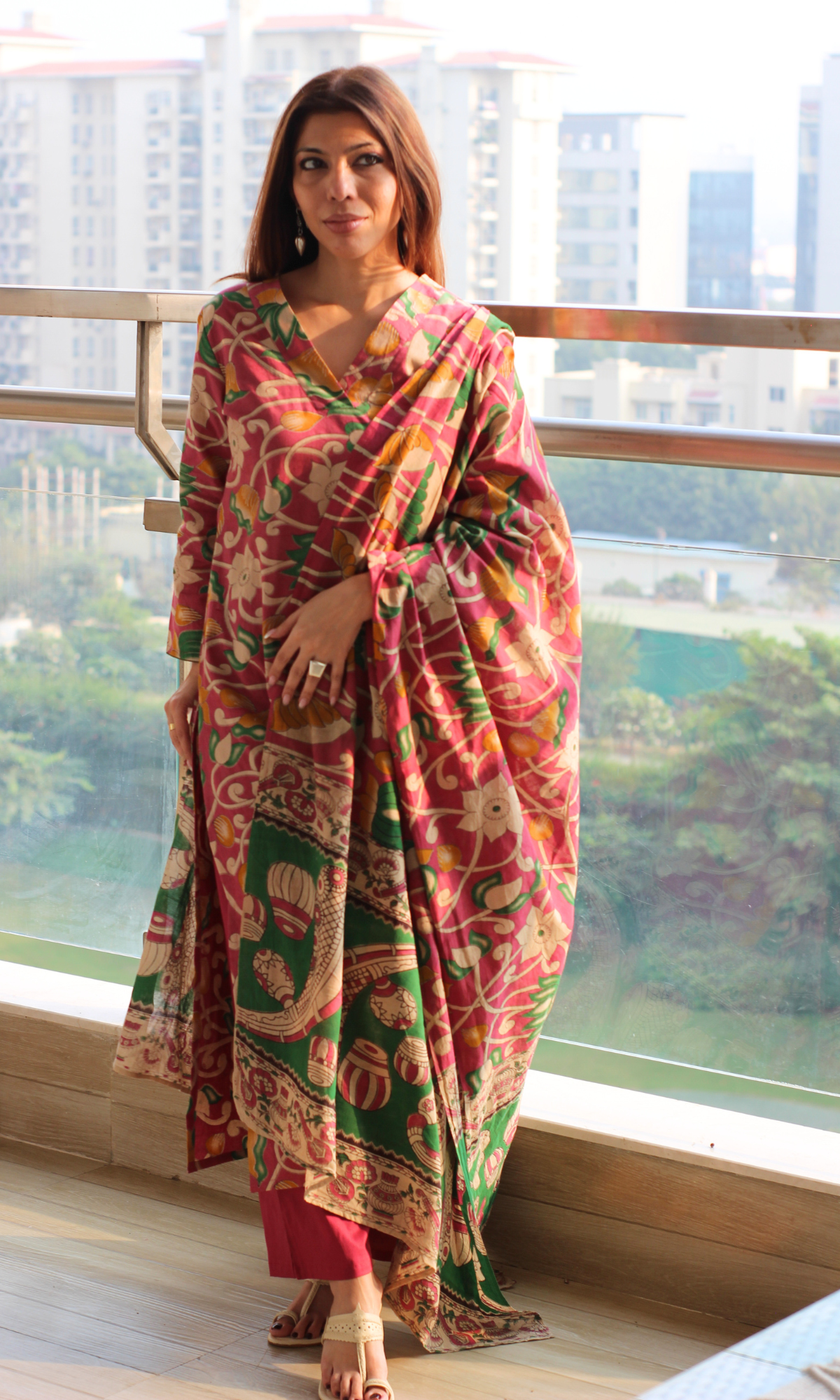 Cotton Rani Pink & Green Handblock Kalamkari Kurta, Dupatta & Cotton Pants