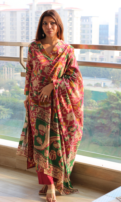 Cotton Rani Pink & Green Handblock Kalamkari Kurta, Dupatta & Cotton Pants