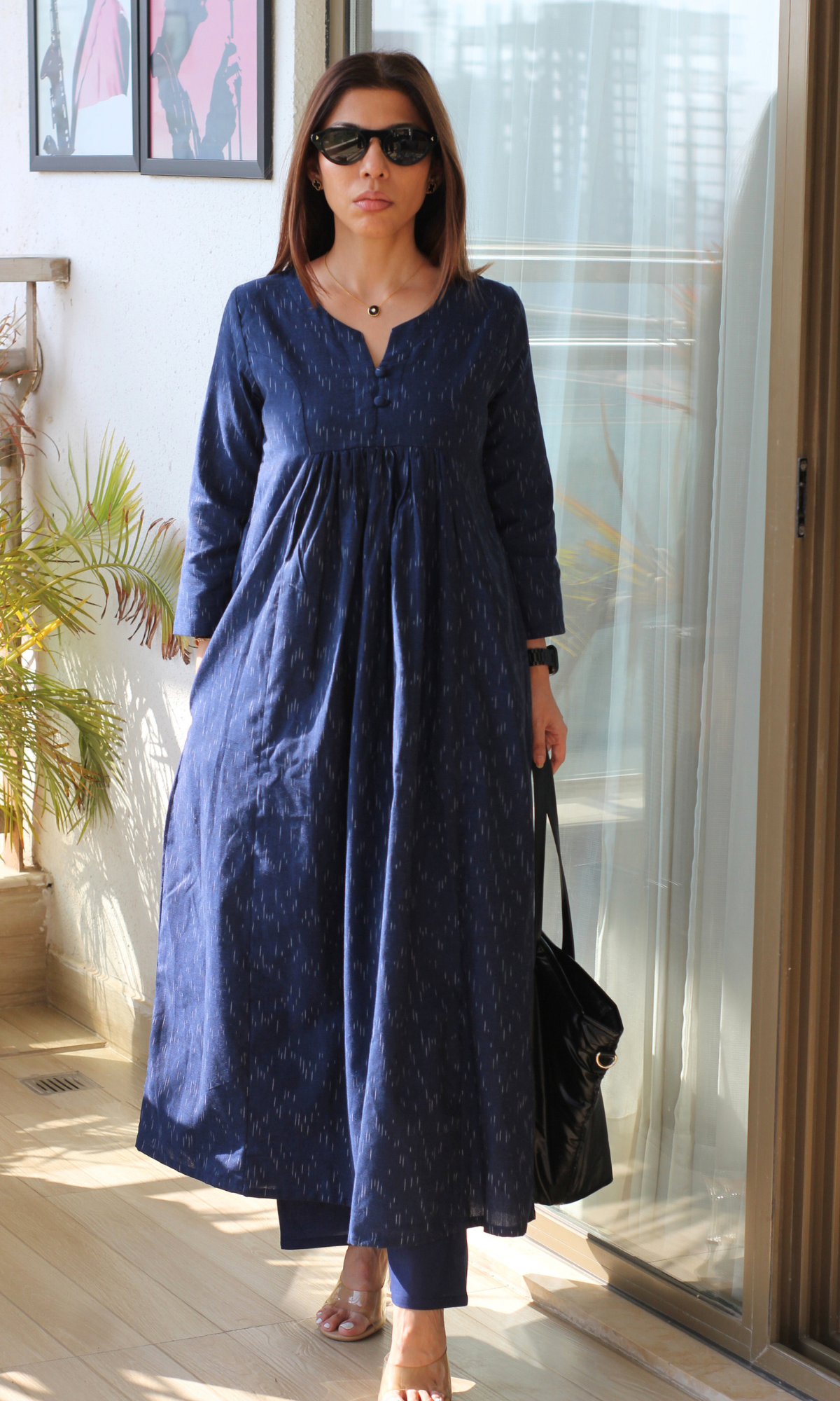 Navy Handloom Cotton Pleated Kurta with Cotton Pants
