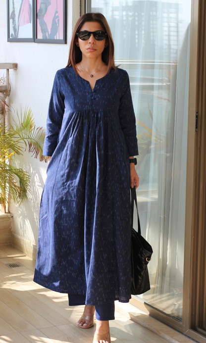 Navy Handloom Cotton Pleated Kurta with Cotton Pants