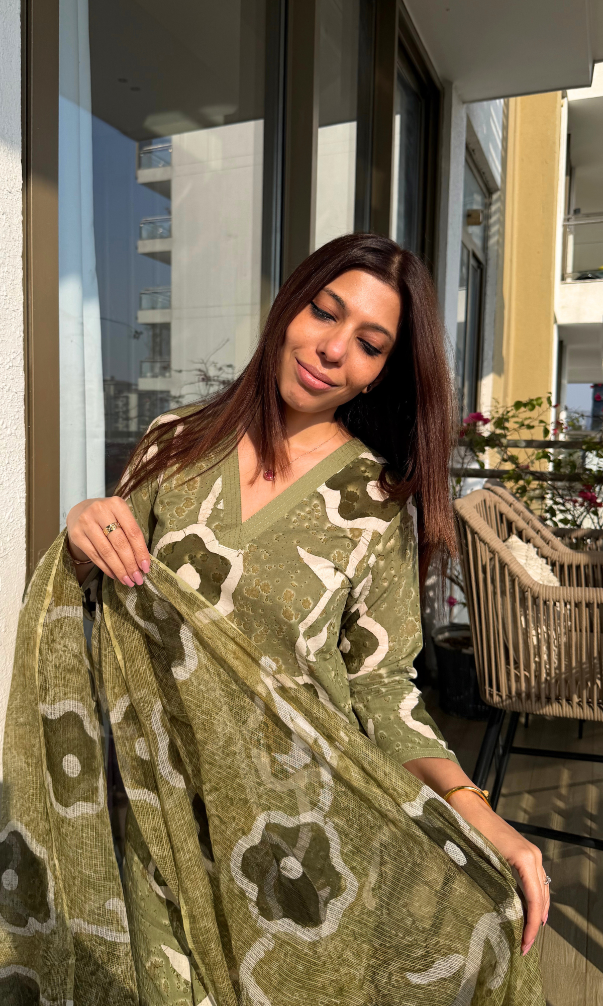 Cotton Olive Shibori Print Kurta & Pants with Kota Doria Printed Dupatta