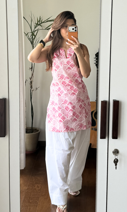 Cotton Pink Petal Sleeveless Kurta & Farshi Salwaar