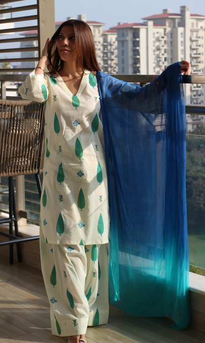 Teal Patra Cotton Farshi Suit with Chiffon Dupatta