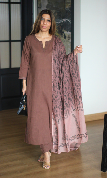 Hazel Cocoa Slub Kurta, Pant & Handblock Print Dupatta