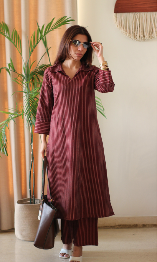 Maroon Cotton Ikat Striped Kurta & Pants