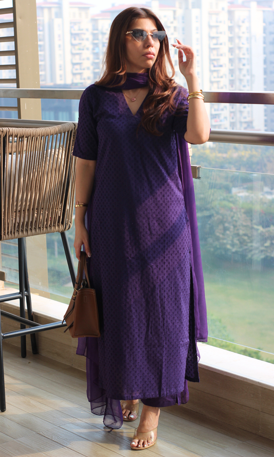Cotton Purple Dobby Half Sleeves Kurta, Cotton Pants & Chiffon Dupatta