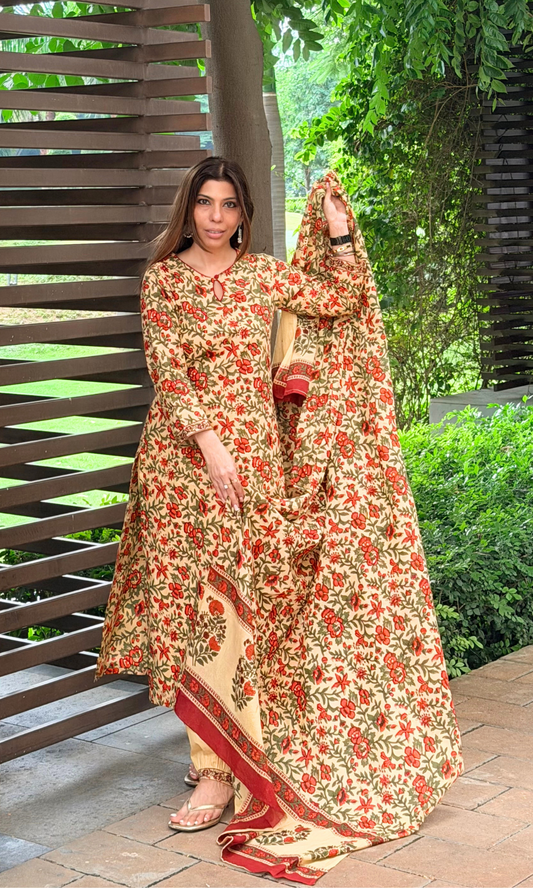 Butter yellow floral block print Kurta, afgani pants & Cotton Printed Dupatta