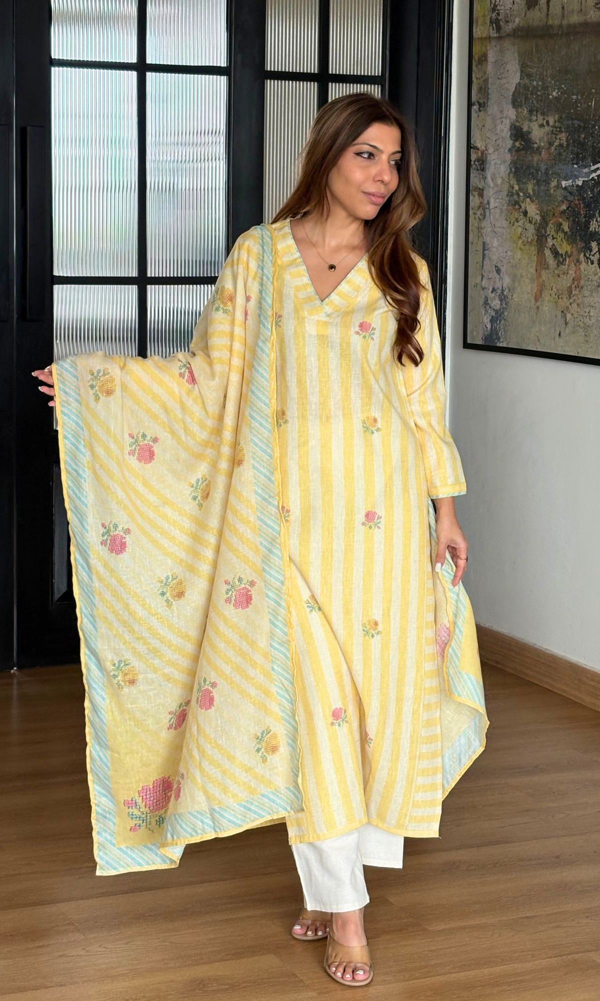 Linen Blend Lemon Striped Thread Woven Kurta, Dupatta & Cotton Pants