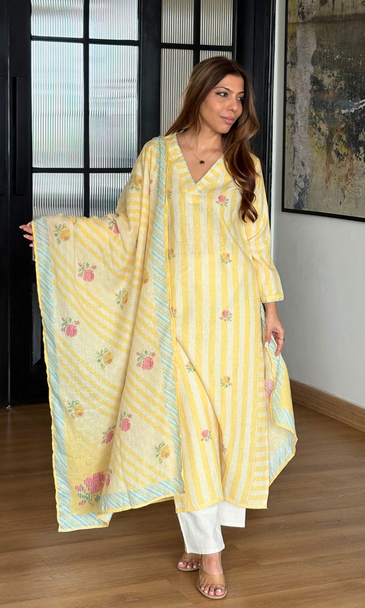 Linen Blend Lemon Striped Thread Woven Kurta, Dupatta & Cotton Pants