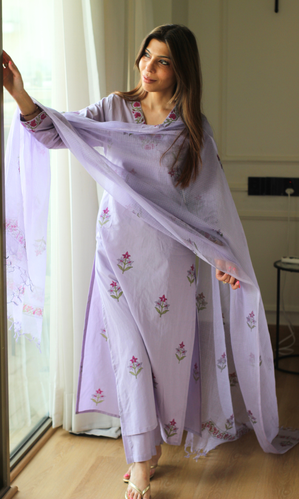 Kahani Mughal Lavender Cotton Kurta, Pant & Kota Doria Handblock Print Dupatta
