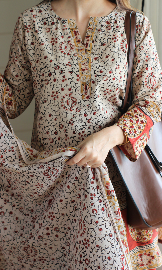 Beige & Red Handblock Kalamkari Print Kurta , Dupatta & Cotton Farshi Salwaar