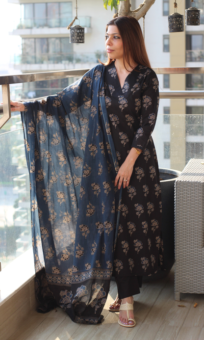 Black & Blue Ajrakh Rani Kurta, Dupatta & Cotton Pants