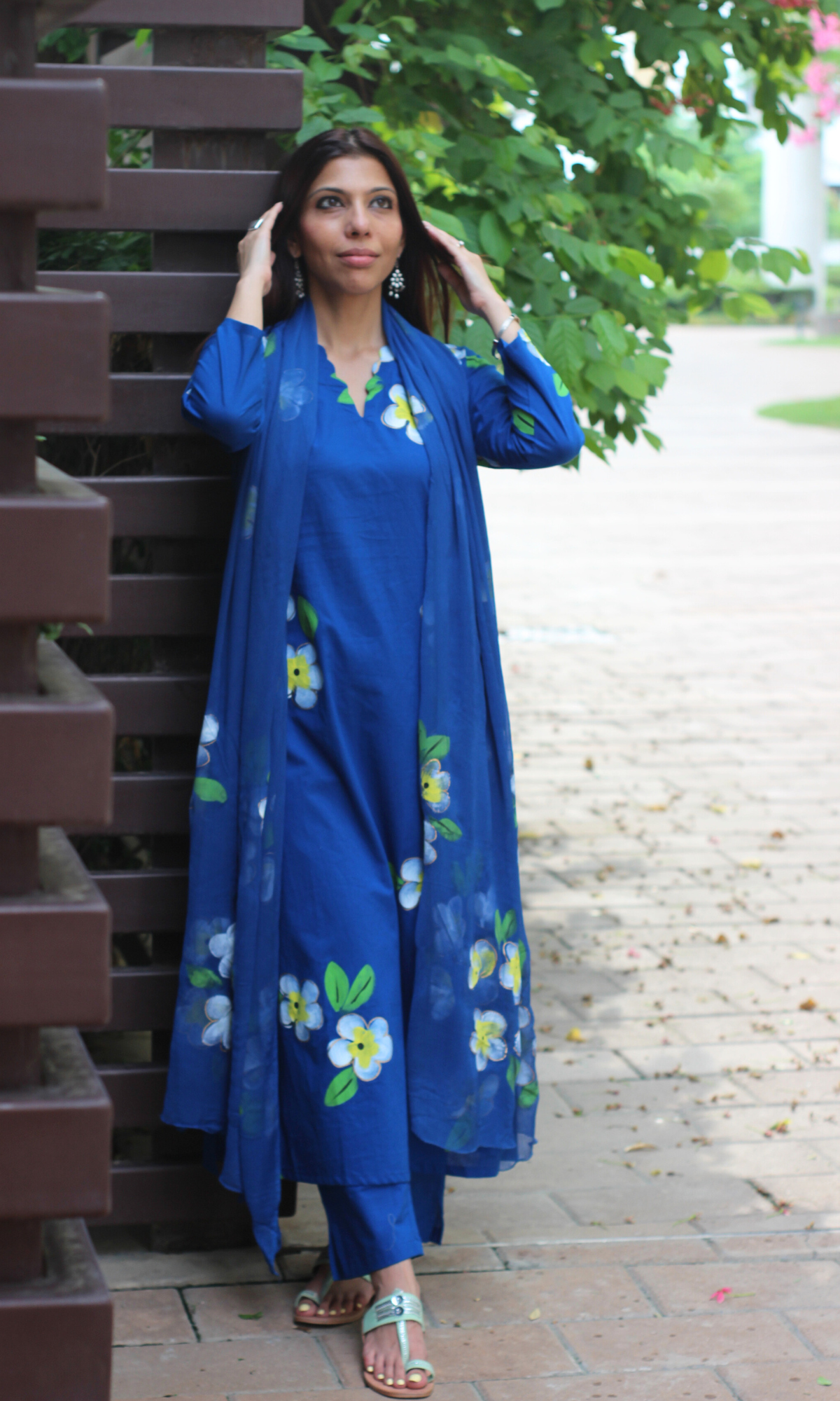 Cotton Blue Plume Handbrush Painted Suit with Chiffon Handpainted Dupatta