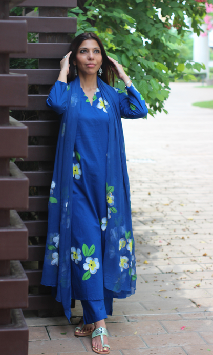 Cotton Blue Plume Handbrush Painted Suit with Chiffon Handpainted Dupatta