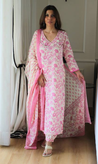 Rose Pink Garden Block Print Cotton Kurta, Afghani Pant and Mul Printed Dupatta