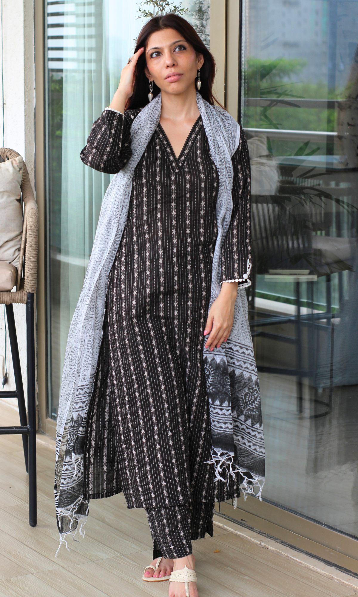 Black Kantha Kurta, Pant & Kota Doria Handblock Printed Dupatta
