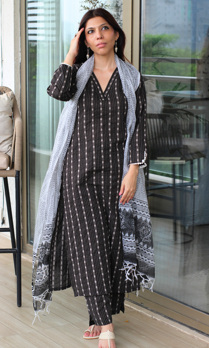 Black Kantha Kurta, Pant & Kota Doria Handblock Printed Dupatta