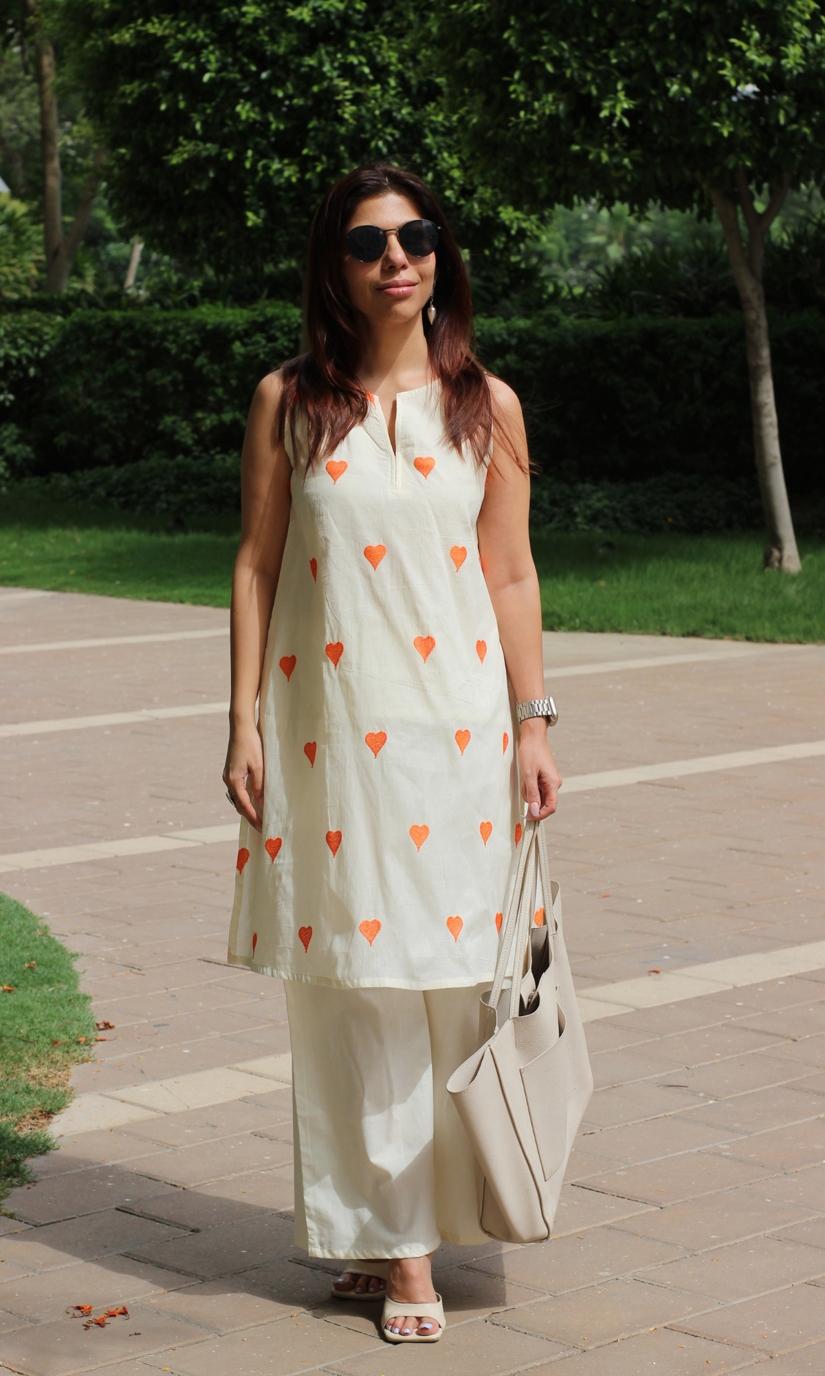 Cotton Ivory Tangerine Heart  Embroidered Co-ord