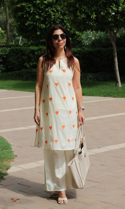 Cotton Ivory Tangerine Heart  Embroidered Co-ord